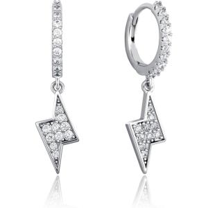 TOPGRILLZ Lightning Bolt Dangle Earrings 14K Gold Plated 5A+ Cubic Zirconia Hanging Hoop Lightning Drop Cool Dangling Earrings For Men Women Trendy(02 Silver)