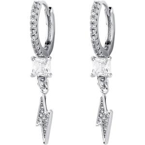 TOPGRILLZ Lightning Bolt Dangle Earrings 14K Gold Plated 5A+ Cubic Zirconia Hanging Hoop Lightning Drop Cool Dangling Earrings For Men Women Trendy(04 Silver)