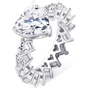 TOPGRILLZ Pink Heart Baguette Rings 14K Silver-Plated 5A+ Cubic Zirconia Iced Out Bling Promise Wedding Band Love Rings For Women Fashion(White Gold)