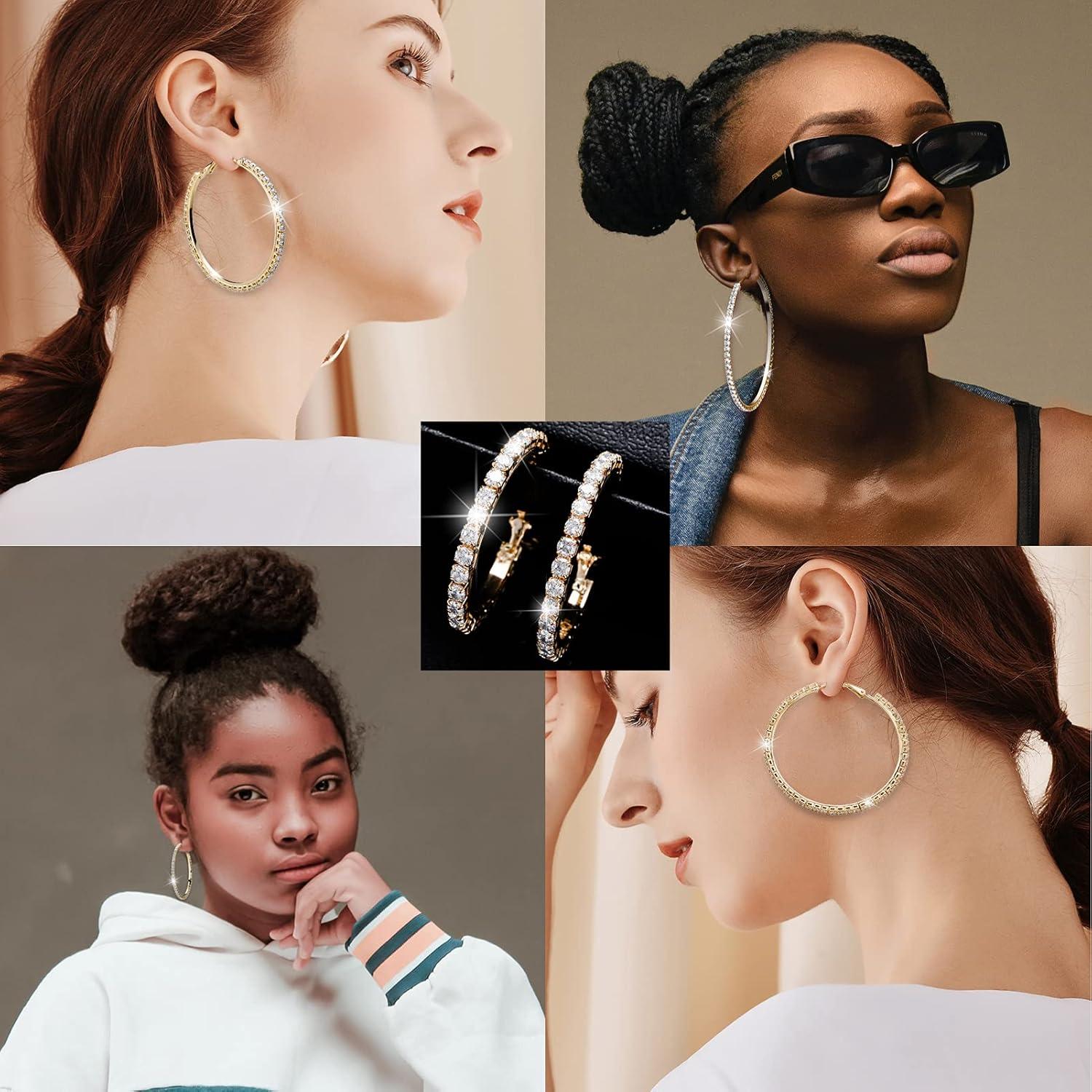imageTOPGRILLZ Large Hoop Cuff Iced Out Earrings For Women Female 925 Sterling Silver Cubic Zirconia Crystal Stud Back Baguette Wedding Bridal Jewelry