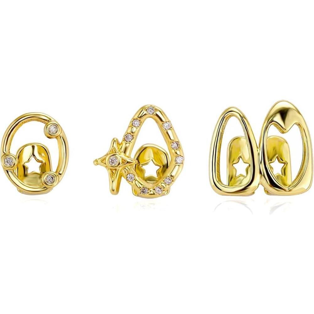 imageTOPGRILLZ 3PCS Gold Tooth Cap Grillz for Men and Women Hollow Single Teeth Jewelry 14K Golden Plated CZ Fake Teeth Gold Grills for Teeth Cosplay Costume AccessoryGolden3PCS