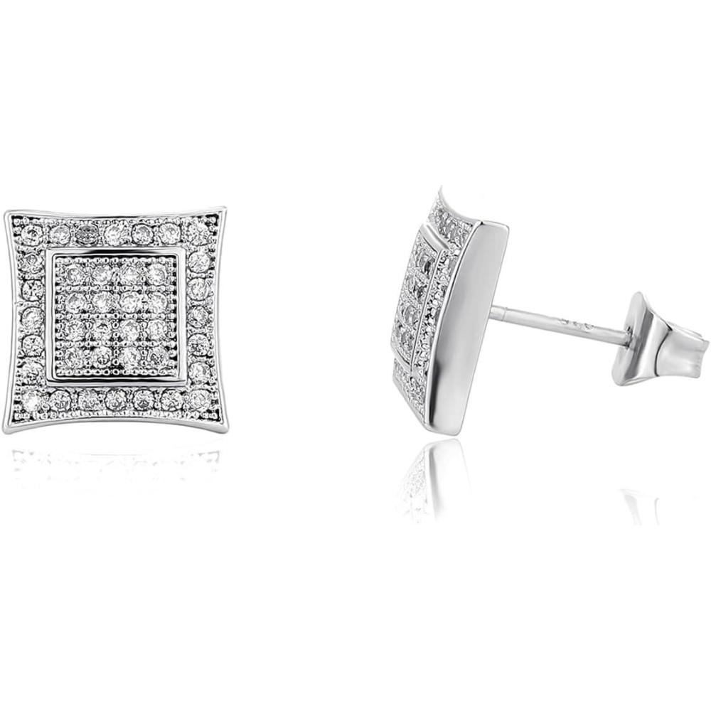 imageTOPGRILLZ Diamond Flat Back Stud Earrings 5A Cubic Zirconia 14K Golden Plated Square Stud Earrings For Men Women HypoallegenicSilver