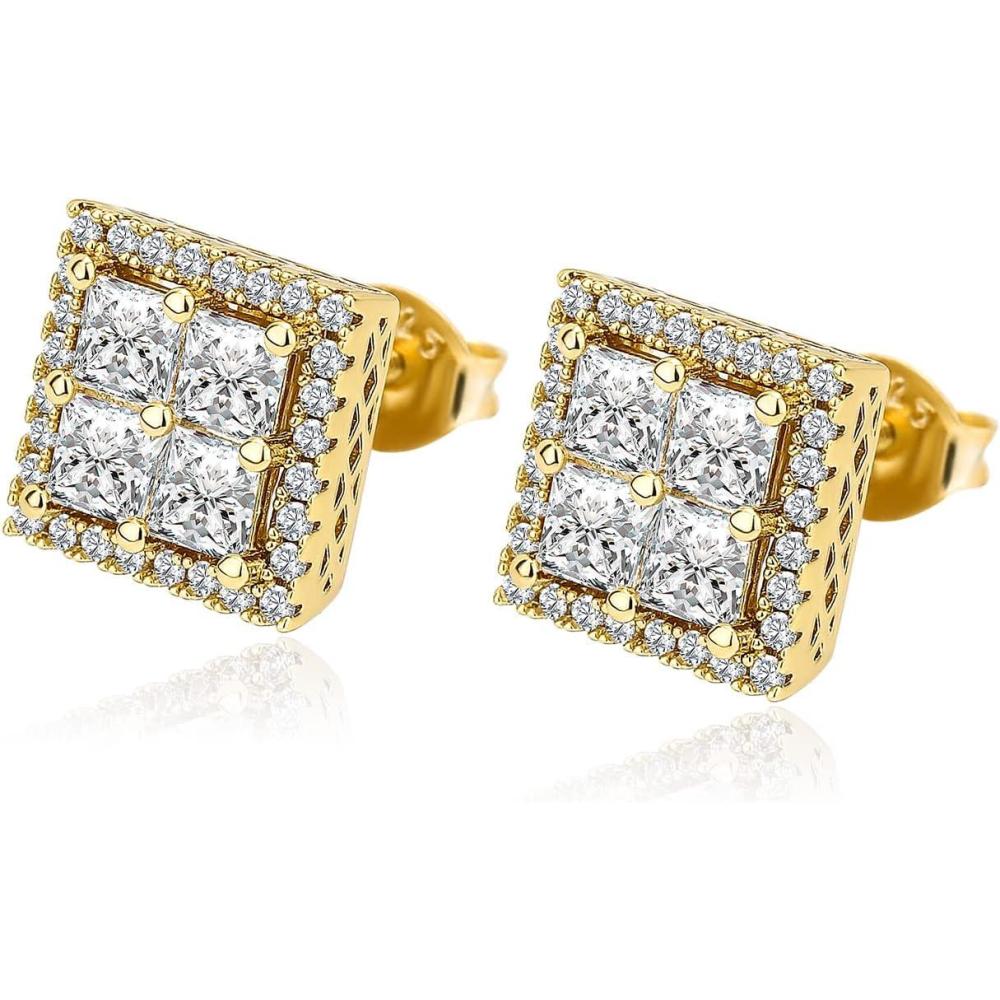 imageTOPGRILLZ Square Screw Stud Earrings For Men 5A Cubic Zirconia 925 Sterling Silver Screw Stud Back Square Flat Cartilage Hypoallergenic Stud EarringsGold