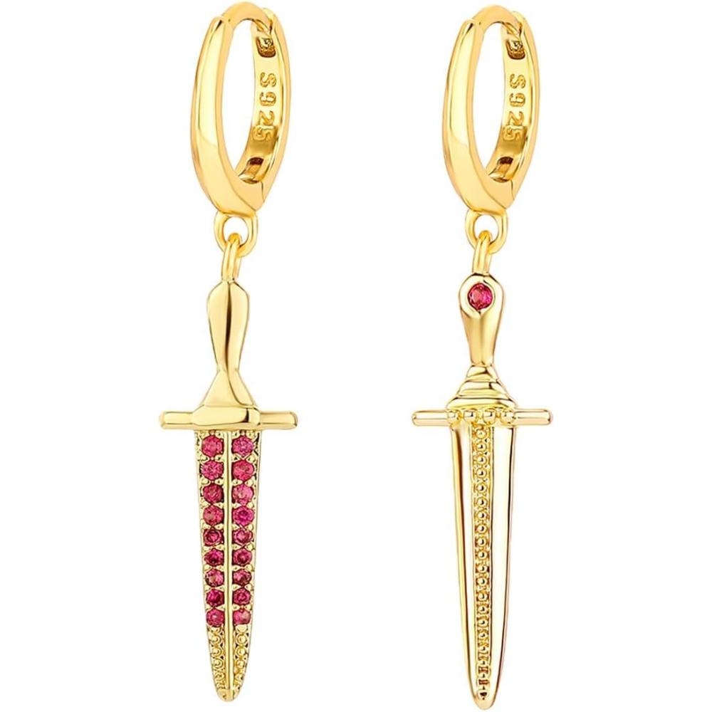 imageTOPGRILLZ Sword Dangle Earrings 5A Cubic Zirconia Hypoallergenic 14K Gold Vintage Small Hoop Dagger Cross Dangle Drop Earrings For Men WomenRed Gold