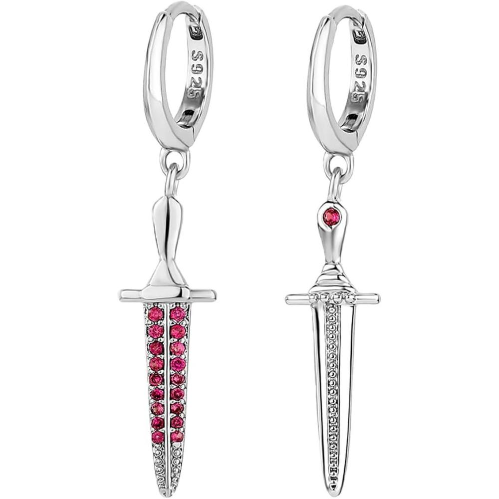 imageTOPGRILLZ Sword Dangle Earrings 5A Cubic Zirconia Hypoallergenic 14K Gold Vintage Small Hoop Dagger Cross Dangle Drop Earrings For Men WomenRed Silver
