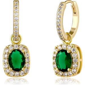 TOPGRILLZ Dangle Earrings Gold Hoop Earrings for Women Chunky Drop Emerald Green 14K Gold Plated Cubic Zirconia Iced Cushion Earrings Trendy Fashion Jewelry Gift(Gold)
