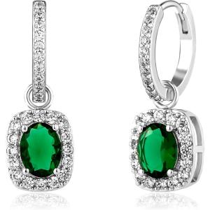 TOPGRILLZ Dangle Earrings Gold Hoop Earrings for Women Chunky Drop Emerald Green 14K Gold Plated Cubic Zirconia Iced Cushion Earrings Trendy Fashion Jewelry Gift(Silver)
