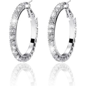TOPGRILLZ Large Hoop Cuff Iced Out Earrings For Women Female 925 Sterling Silver Cubic Zirconia Crystal Stud Back Baguette Wedding Bridal Jewelry