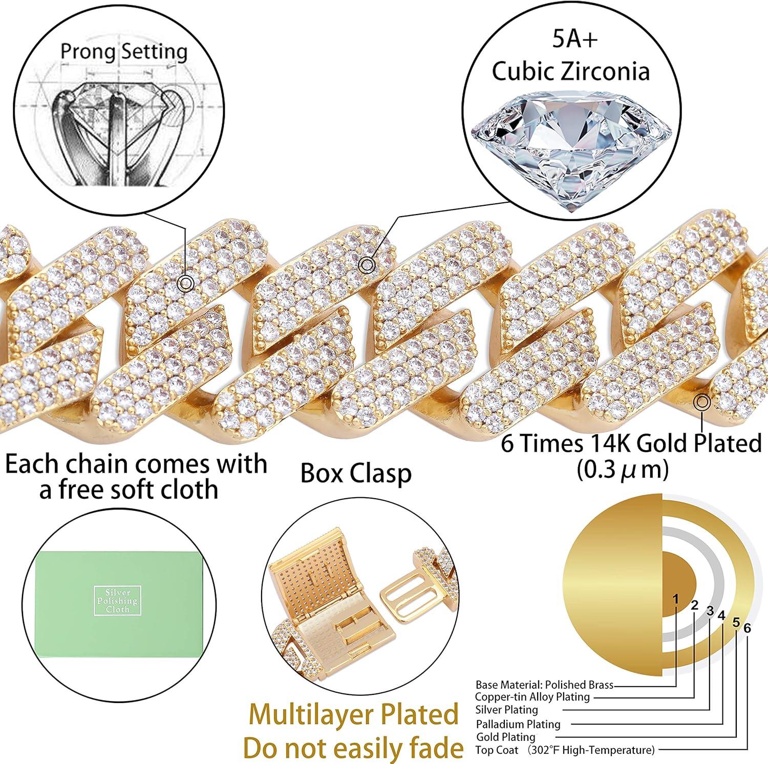 imageTOPGRILLZ 20mm 6 Times 14K Gold Plated Iced Out Lab Diamond Miami Cuban Link Chain Choker for Men with Box Clasp Hip Hopgoldplatedbrass