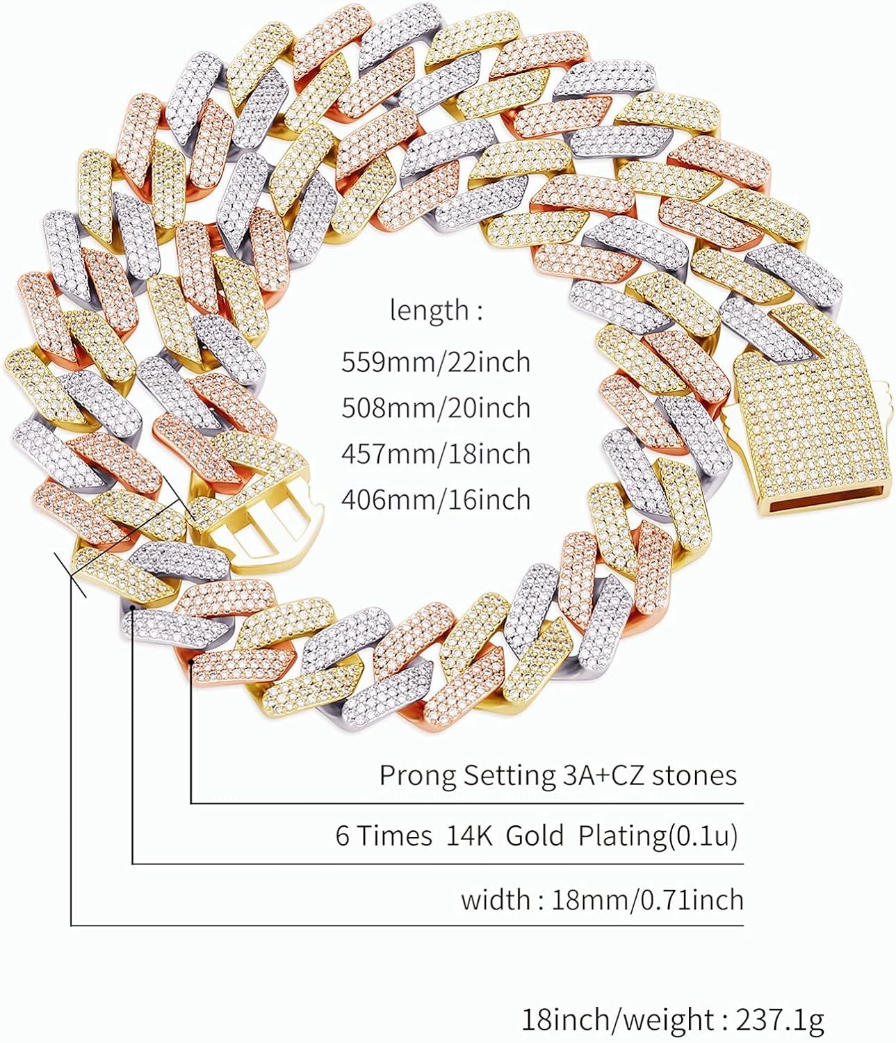 imageTOPGRILLZ 20mm 6 Times 14K Gold Plated Iced Out Lab Diamond Miami Cuban Link Chain Choker for Men with Box Clasp Hip Hoptricolorgoldplated