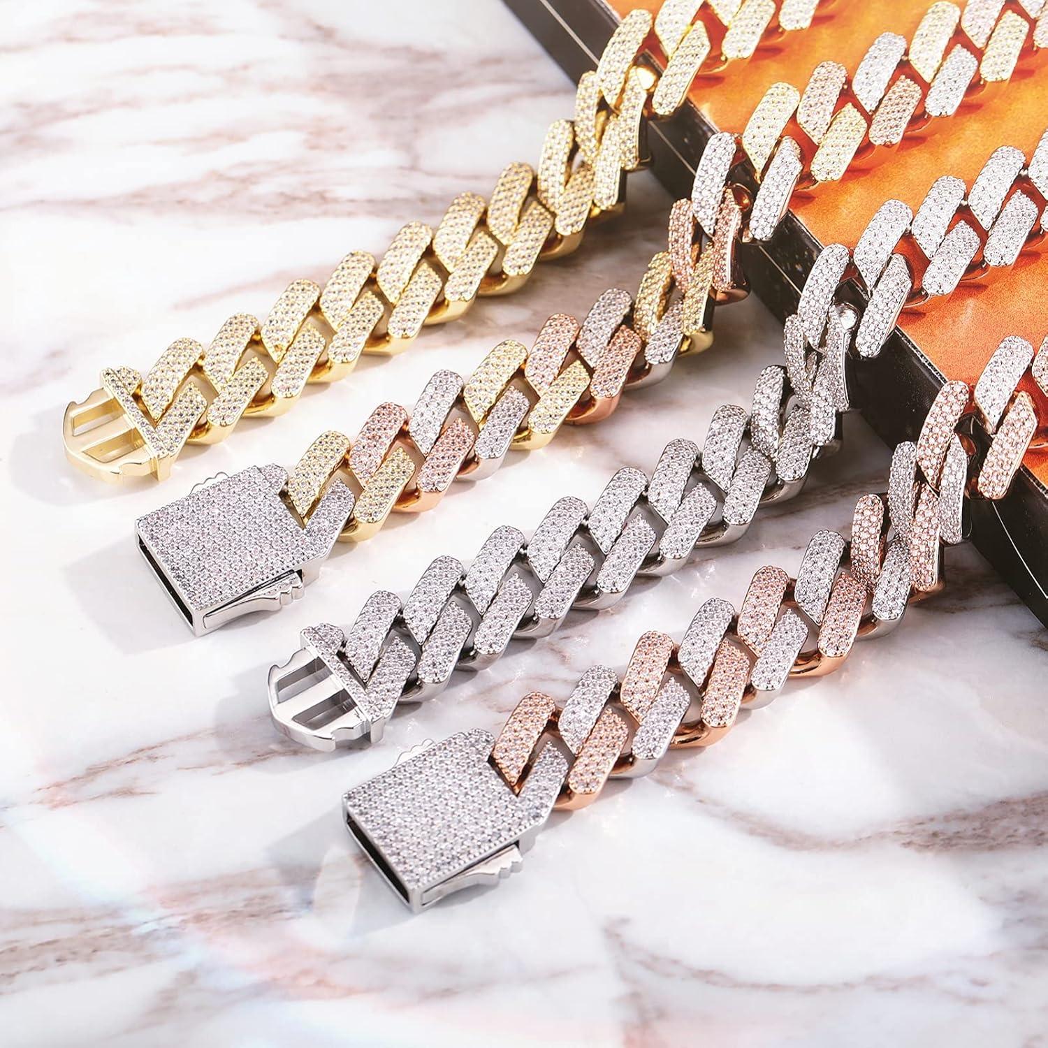 imageTOPGRILLZ 20mm 6 Times 14K Gold Plated Iced Out Lab Diamond Miami Cuban Link Chain Choker for Men with Box Clasp Hip Hoptricolorgoldplated