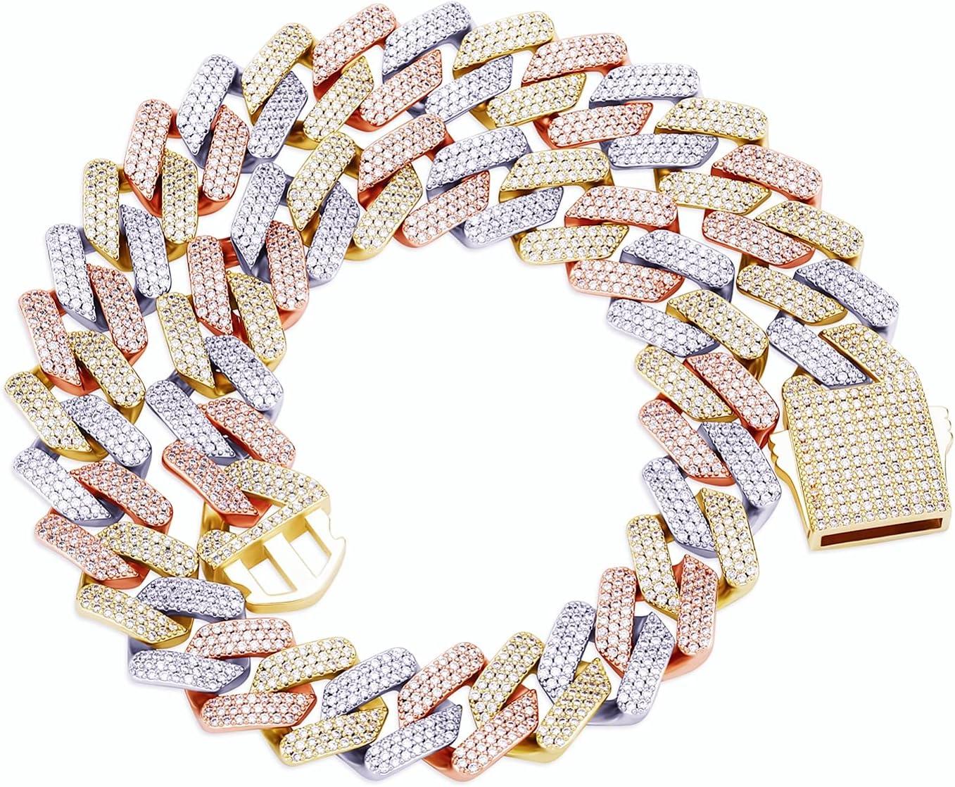 imageTOPGRILLZ 20mm 6 Times 14K Gold Plated Iced Out Lab Diamond Miami Cuban Link Chain Choker for Men with Box Clasp Hip Hoptricolorgoldplated
