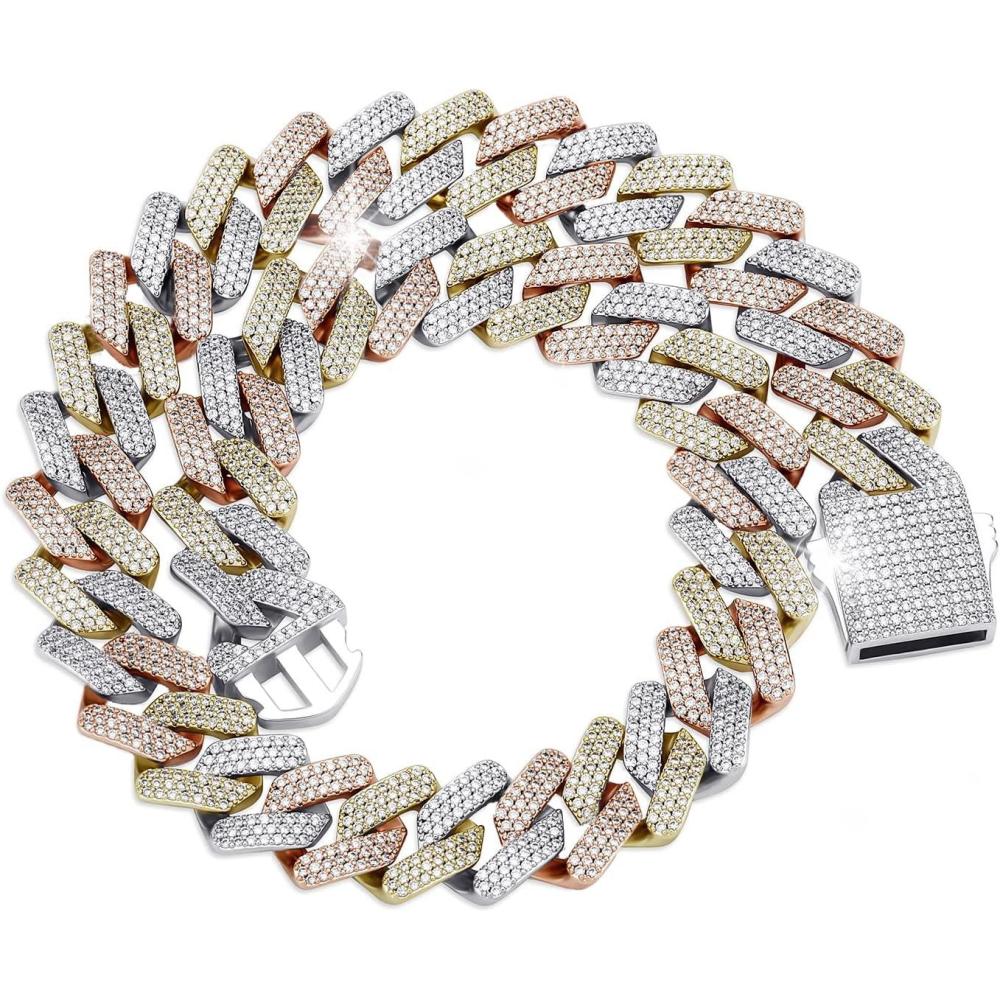 imageTOPGRILLZ 20mm 6 Times 14K Gold Plated Iced Out Lab Diamond Miami Cuban Link Chain Choker for Men with Box Clasp Hip Hoptricolorgoldplated