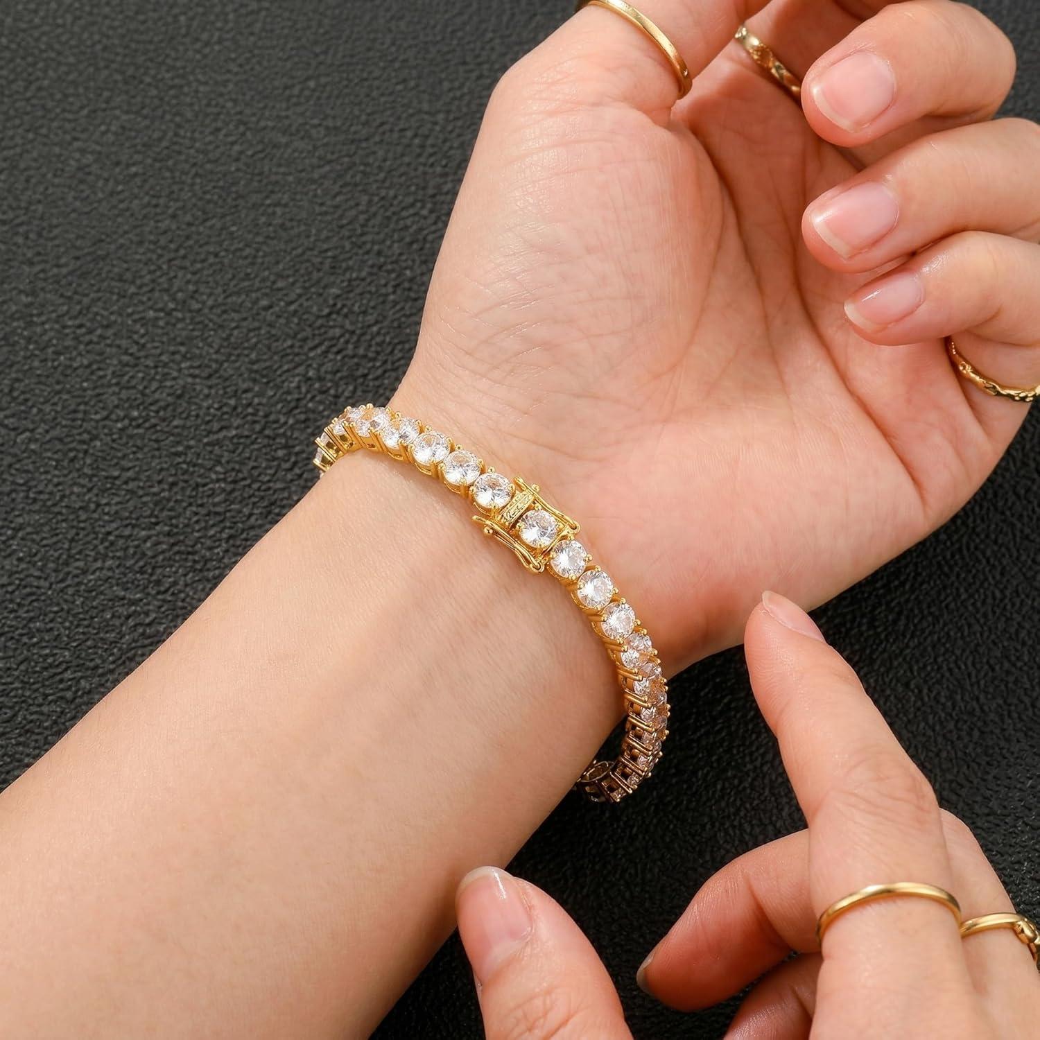 imageTOPGRILLZ Tennis Bracelets for Women 1 Row 5 mm Cubic Zirconia Mens Bracelet Iced out ReverseSet Stone Box Clasp Anniversary Fashion Jewelry 658 InchGold Clear