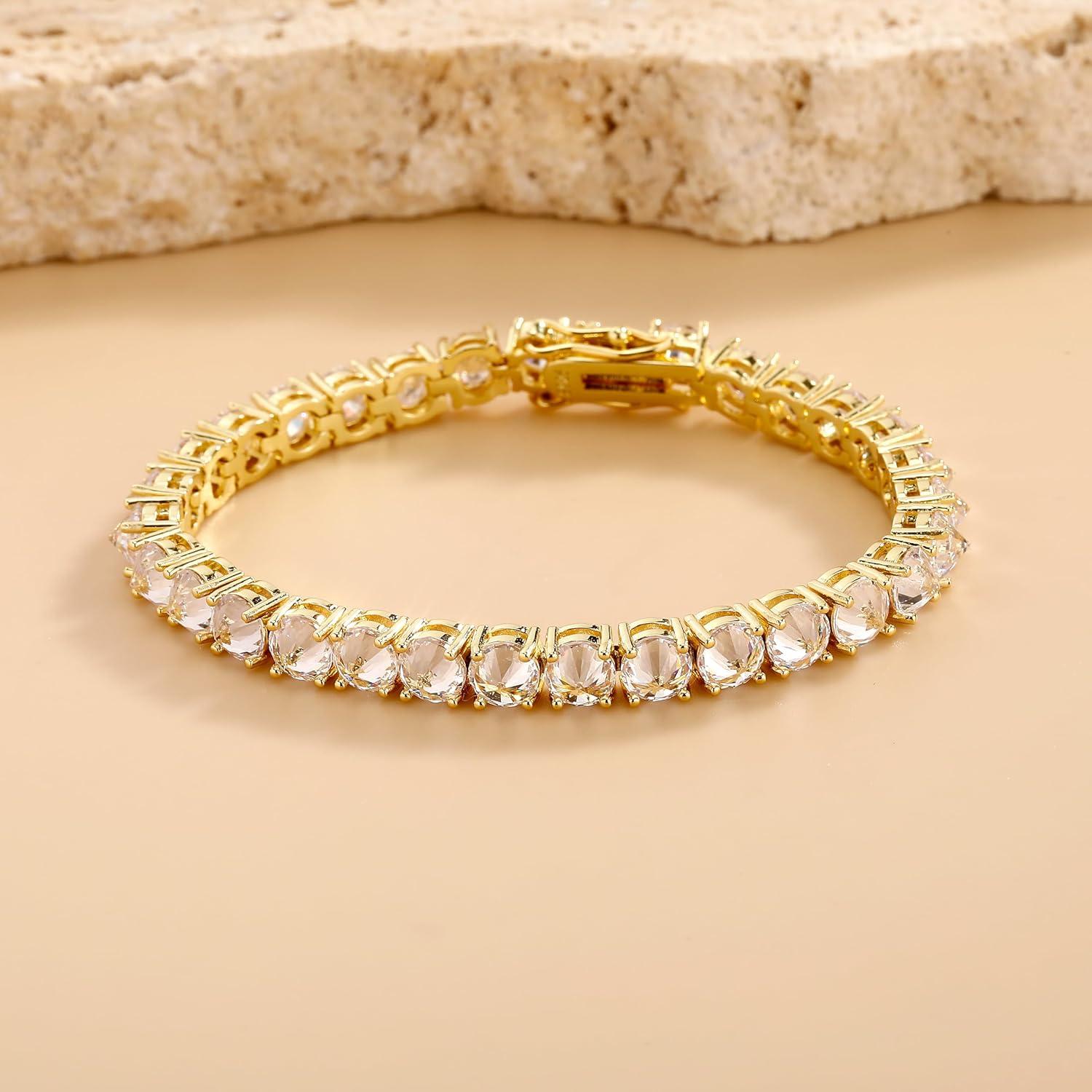 imageTOPGRILLZ Tennis Bracelets for Women 1 Row 5 mm Cubic Zirconia Mens Bracelet Iced out ReverseSet Stone Box Clasp Anniversary Fashion Jewelry 658 InchGold Clear
