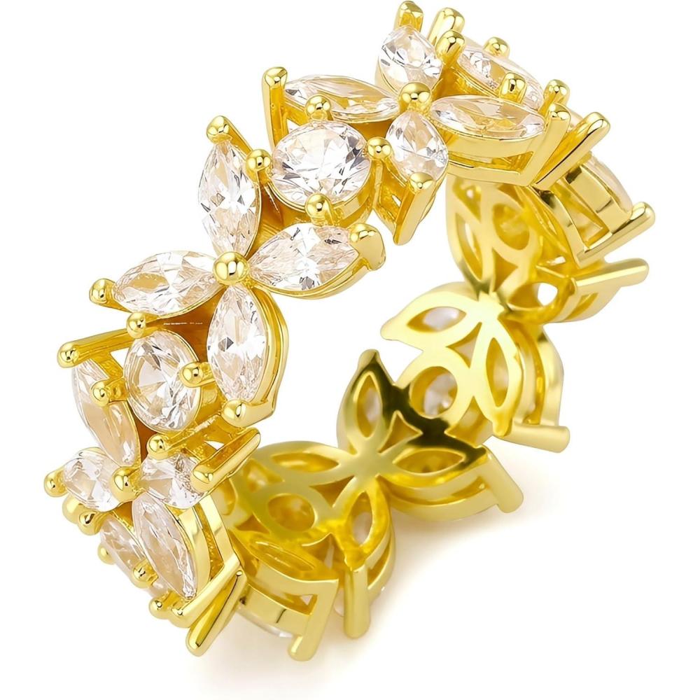 imageTOPGRILLZ Flower Band Rings for Women 9 mm Cubic Zirconia Eternity Style Chunky Ring Marquise and Round Stone Fashion Jewelry Size 610Gold Tone