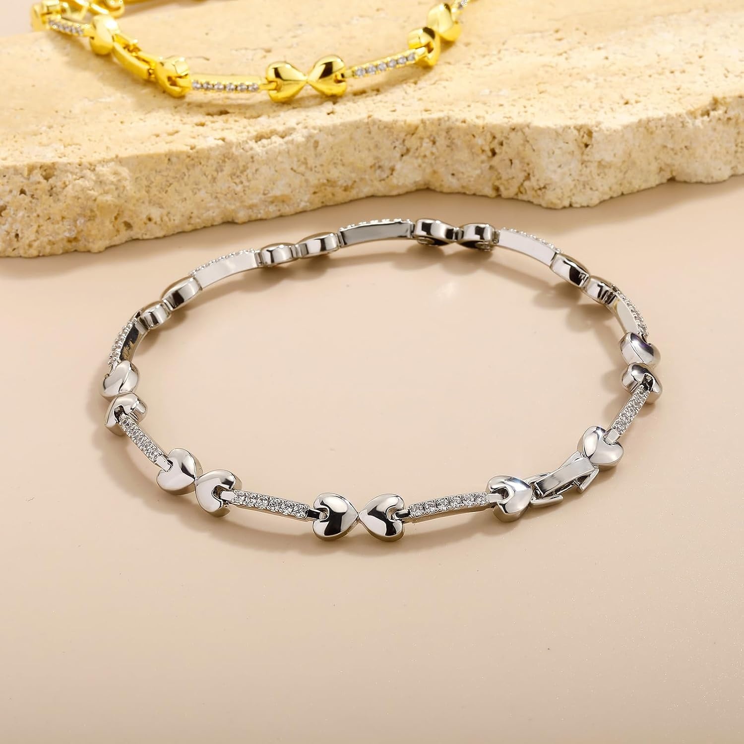 image:imageTOPGRILLZ Anklets for Women 2 mm Heart Bows Design 14K Gold Plated 5A Cubic Zirconia Ankle Bracelets with Fold Over Clasp Summer Beach Jewelry 8 IN 9 IN 10 INSilvery 8 inches