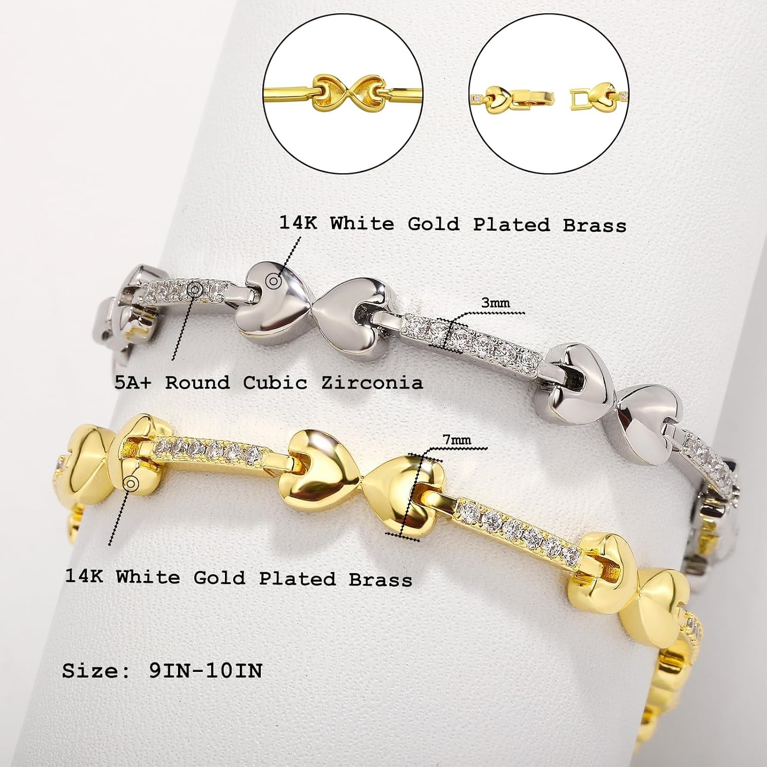 image:imageTOPGRILLZ Anklets for Women 2 mm Heart Bows Design 14K Gold Plated 5A Cubic Zirconia Ankle Bracelets with Fold Over Clasp Summer Beach Jewelry 8 IN 9 IN 10 INSilvery95 inches