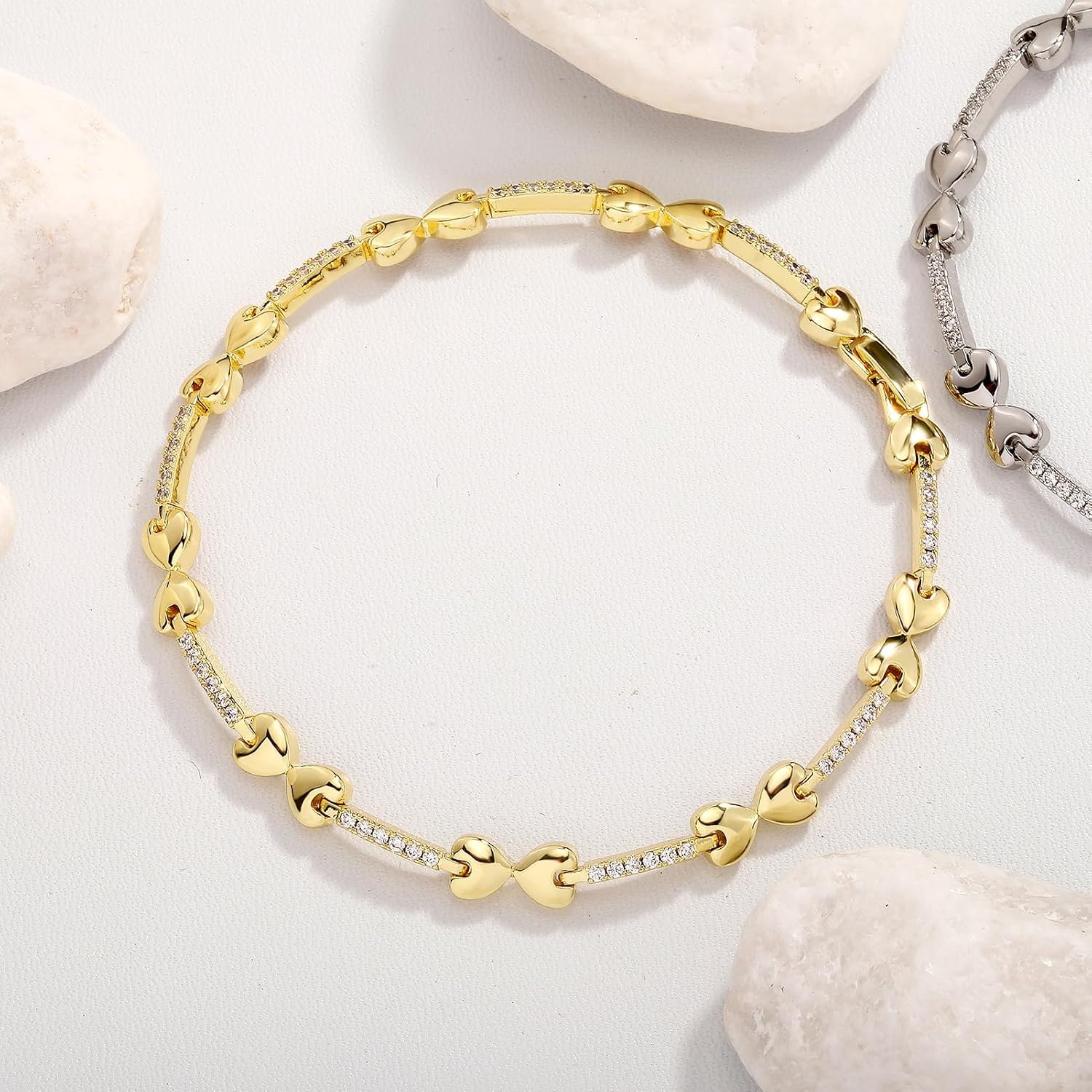 image:imageTOPGRILLZ Anklets for Women 2 mm Heart Bows Design 14K Gold Plated 5A Cubic Zirconia Ankle Bracelets with Fold Over Clasp Summer Beach Jewelry 8 IN 9 IN 10 INSilvery 8 inches