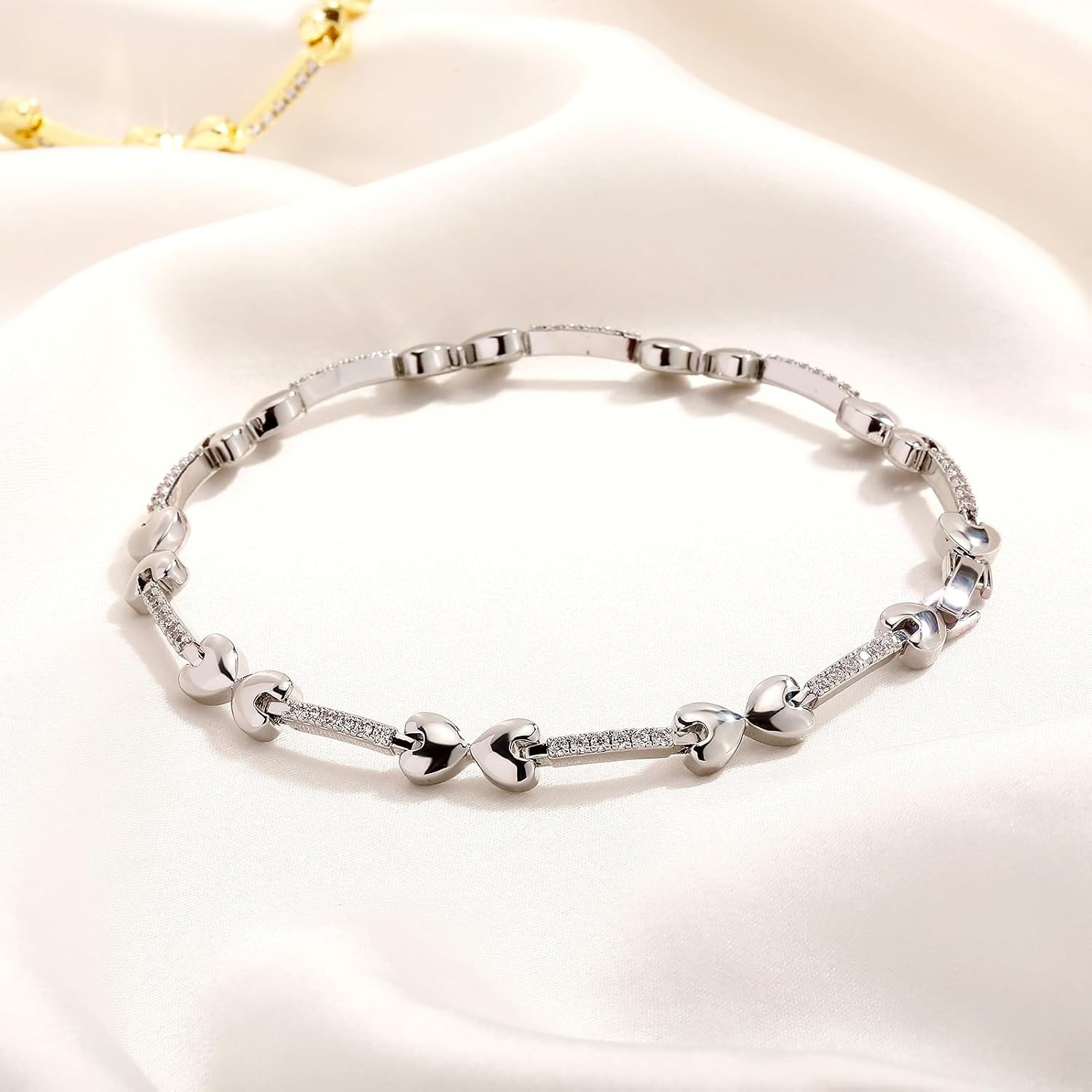 image:imageTOPGRILLZ Anklets for Women 2 mm Heart Bows Design 14K Gold Plated 5A Cubic Zirconia Ankle Bracelets with Fold Over Clasp Summer Beach Jewelry 8 IN 9 IN 10 INSilvery85 inches